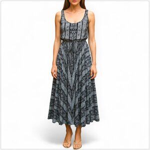 CACHE Long Black White Print Pleated Blouson Belted Boho Maxi Dress NWOT NEW 8